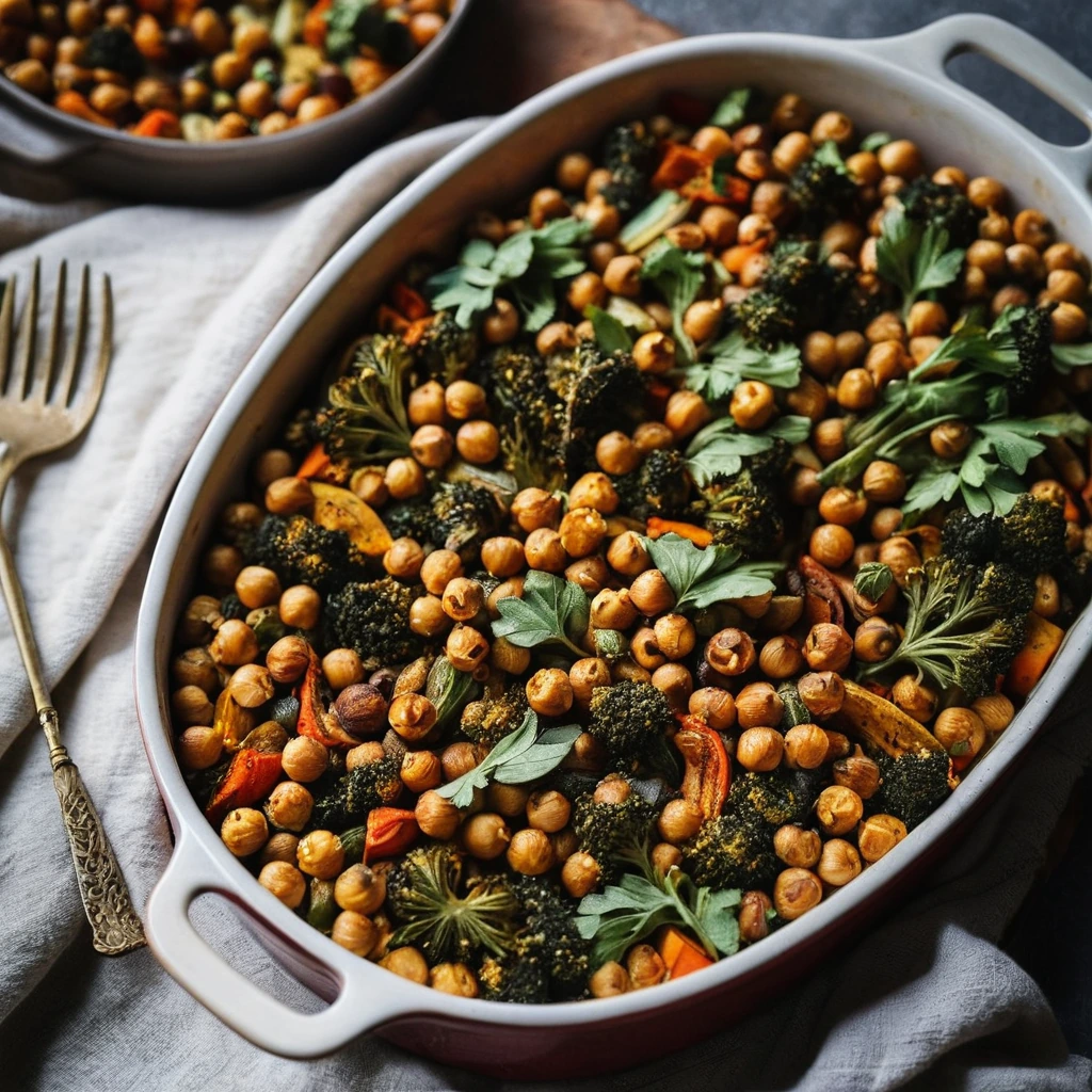 Rustic casserole dish filled with golden roasted vegetables and chickpeas topped with melted cheese.