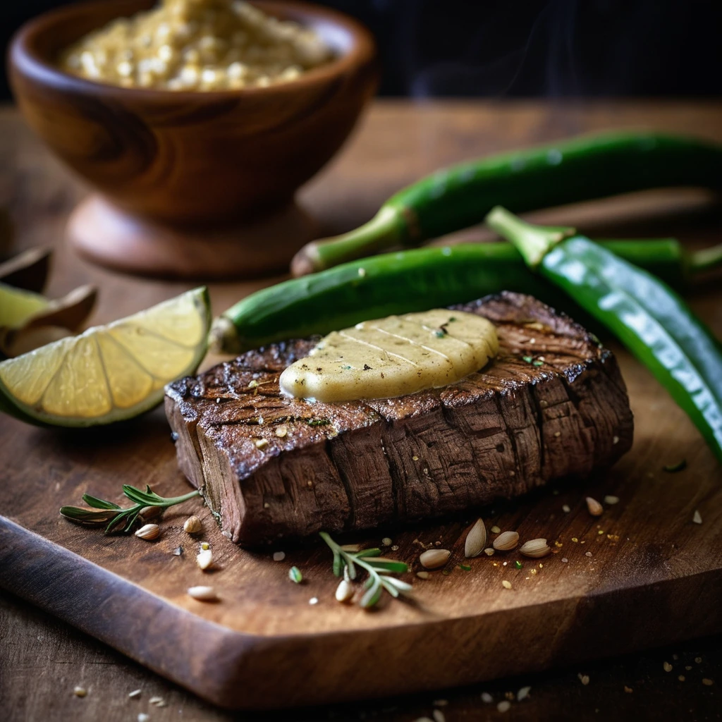 Golden butter with flecks of garlic atop a sizzling steak, served on a rustic wooden board.