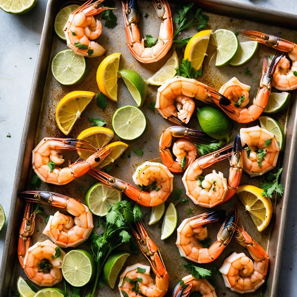 Colorful shrimp on a sheet pan with roasted vegetables, drizzled with lime juice, vibrant orange and yellow hues.
