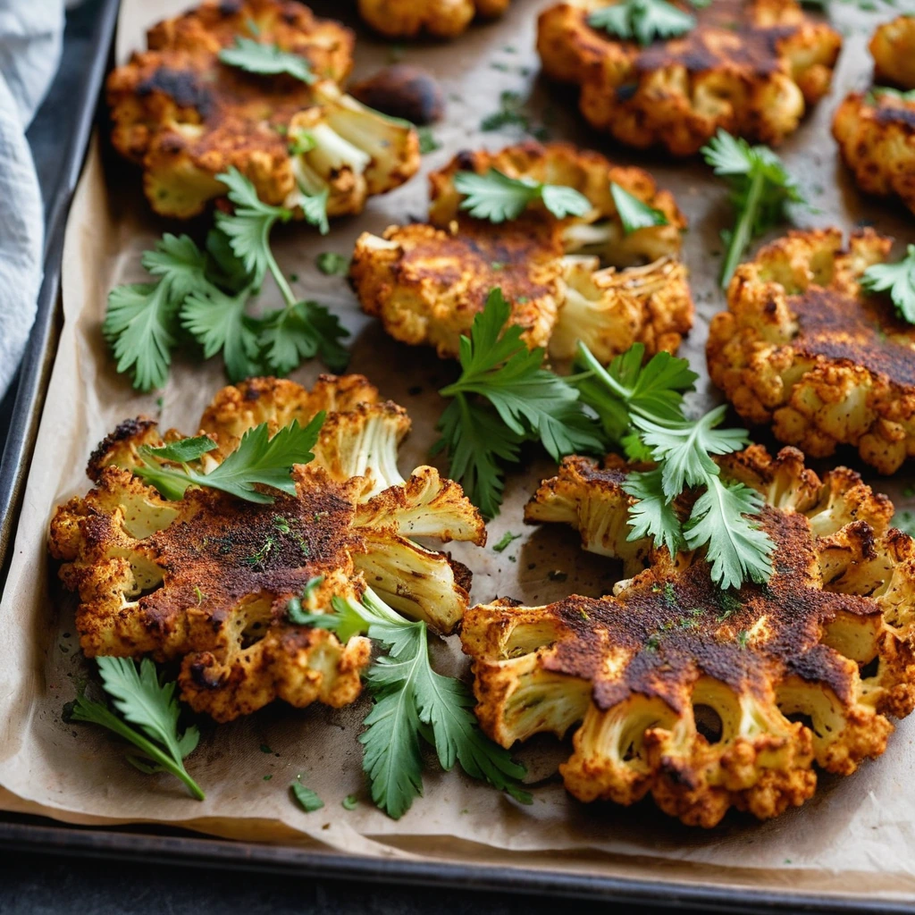 Golden brown cauliflower steaks on a baking sheet, dusted with smoky paprika and garnished with fresh parsley.