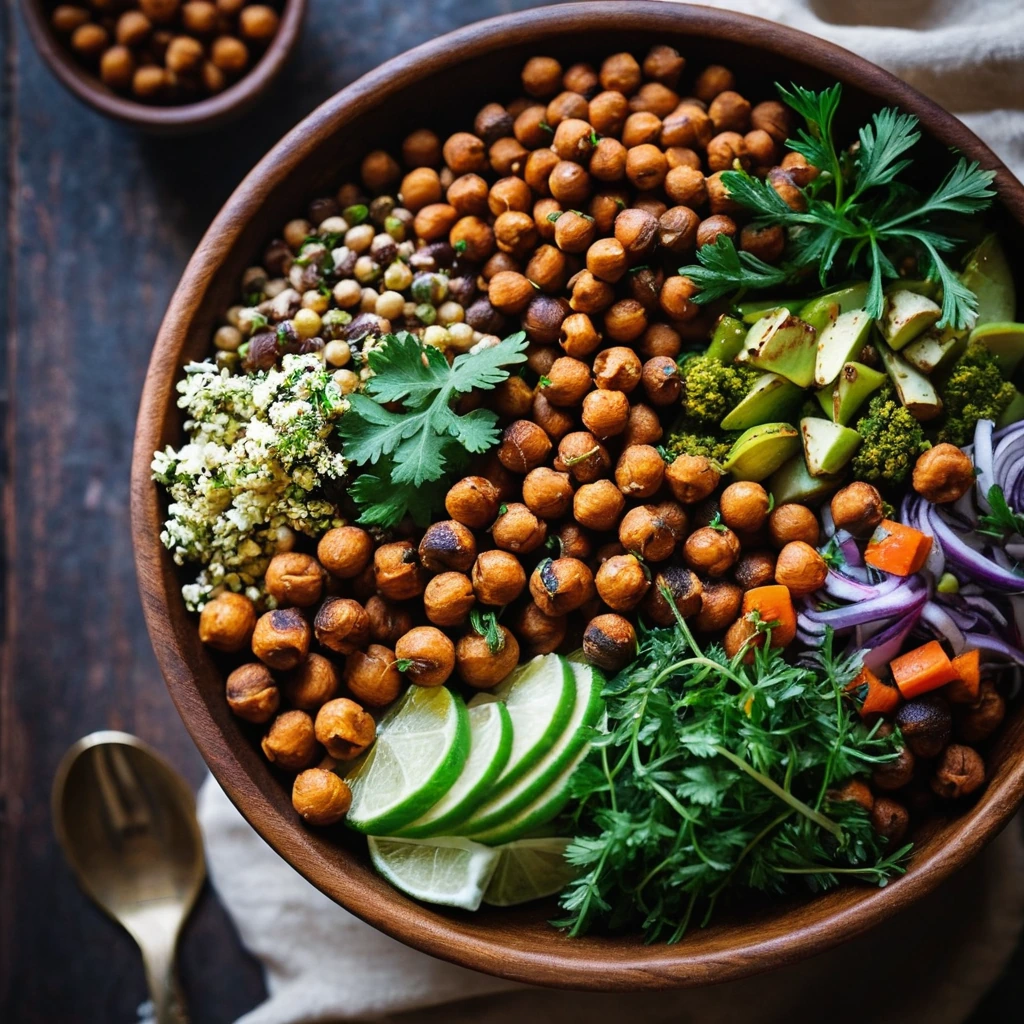 Colorful roasted vegetables and chickpeas piled high in a rustic wooden bowl, sprinkled with fresh herbs.