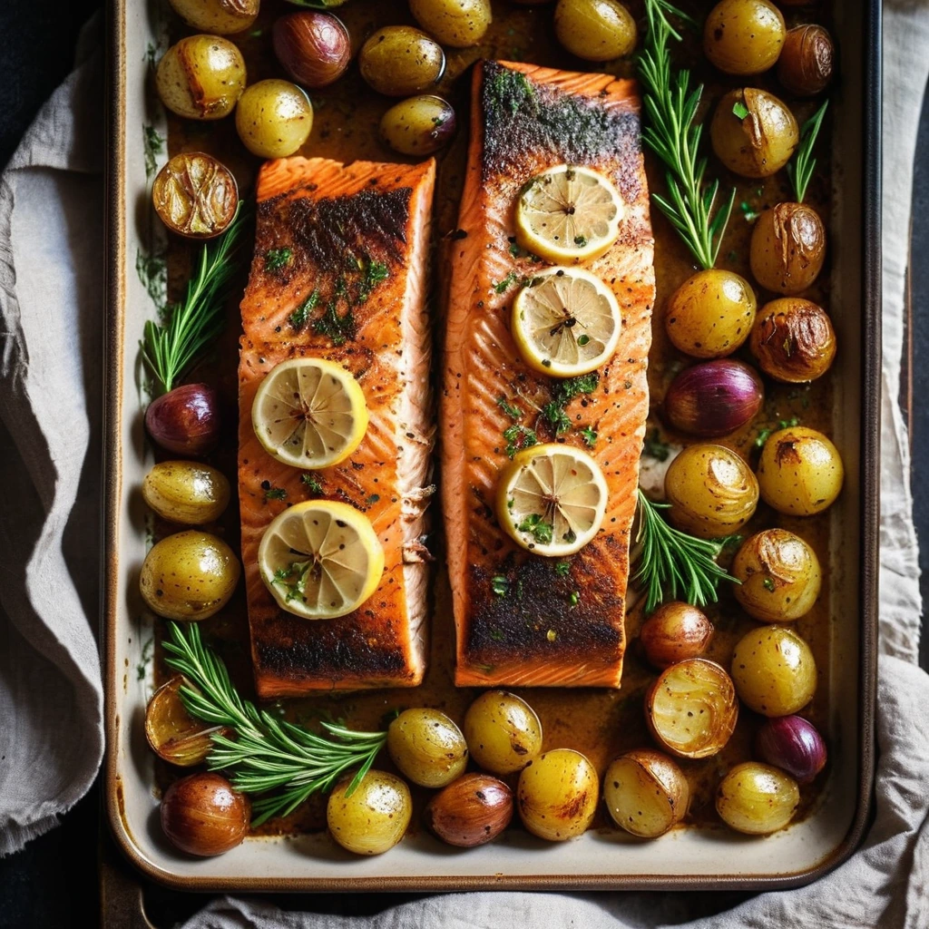 Roasted salmon fillets with baby potatoes on a baking sheet, golden and crispy edges, vibrant paprika hue
