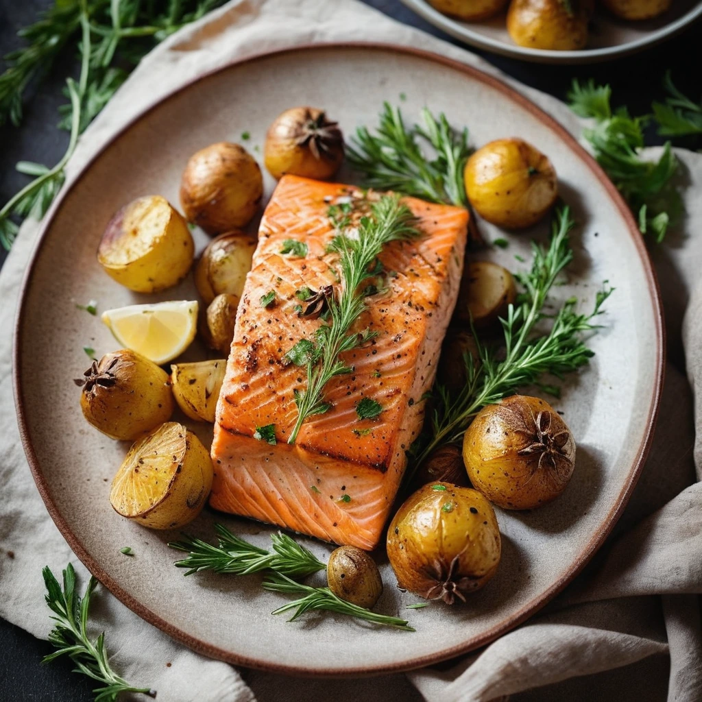 Roasted salmon fillet with baby potatoes on a baking sheet, sprinkled with paprika and fresh herbs.