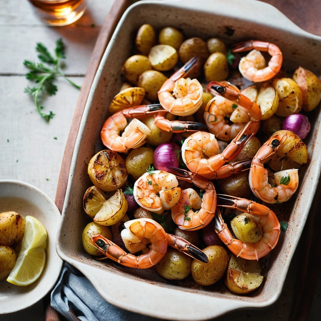 Golden roasted potatoes and pink shrimp in a rustic oven dish, sprinkled with paprika.