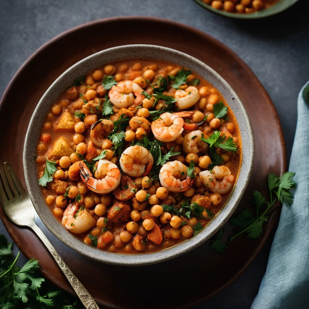 Steaming bowl of orange-hued stew with shrimp and chickpeas, garnished with fresh parsley.