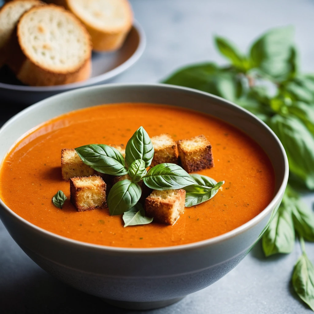 Bowl of vibrant orange soup with fresh basil leaves and golden croutons on top