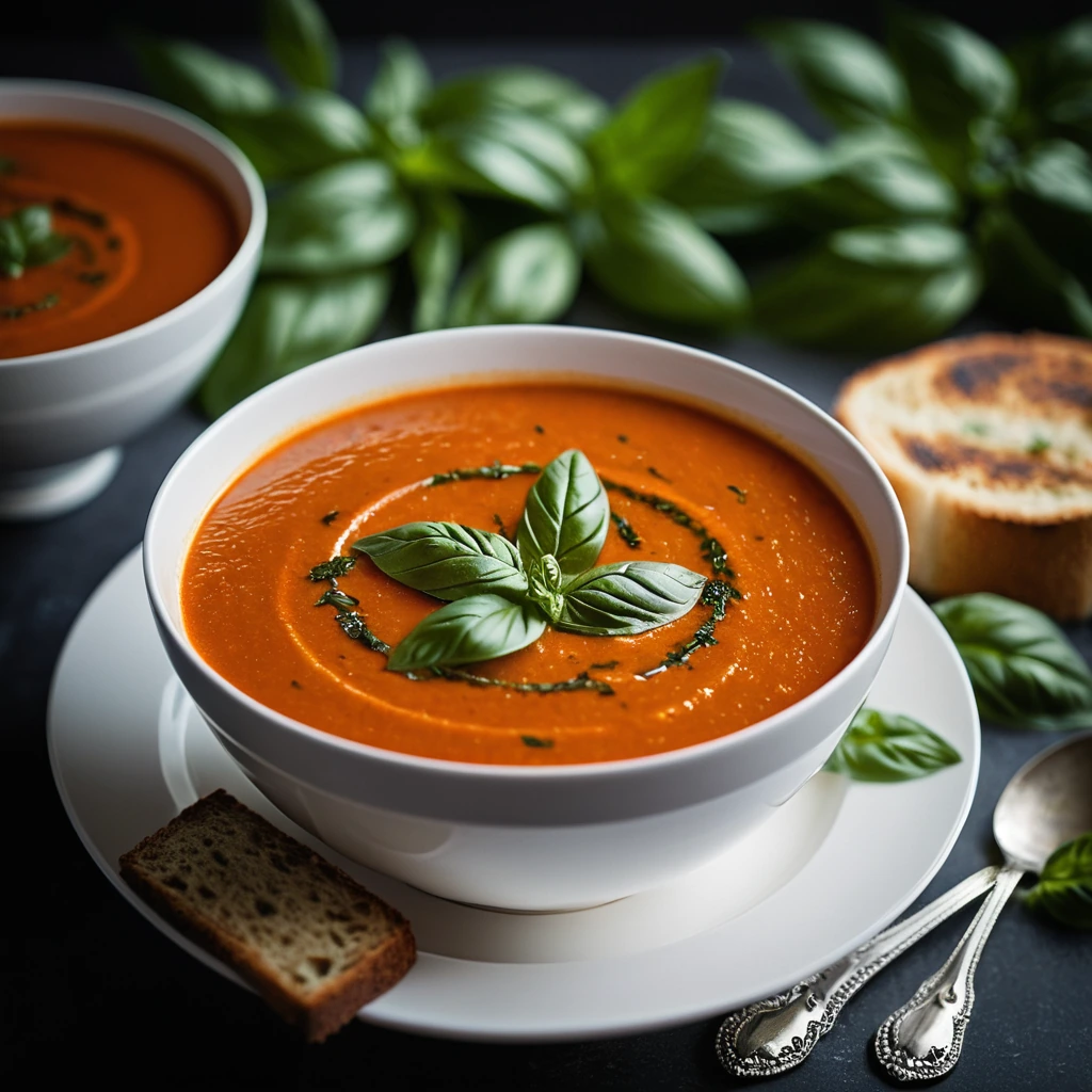 Creamy golden soup in a white bowl, garnished with fresh basil leaves and a drizzle of olive oil.