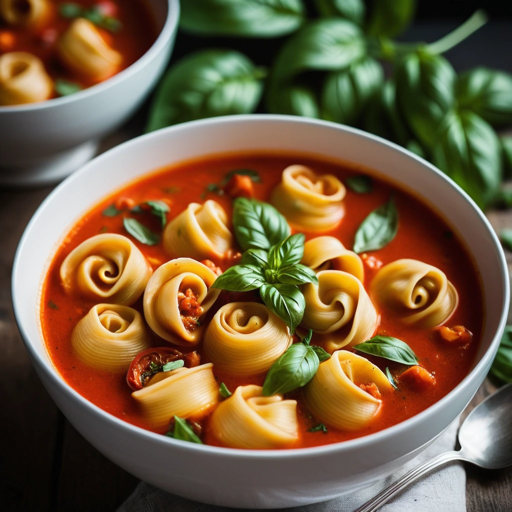 Golden roasted tomatoes and tortellini in a red soup bowl with fresh basil leaves scattered on top.