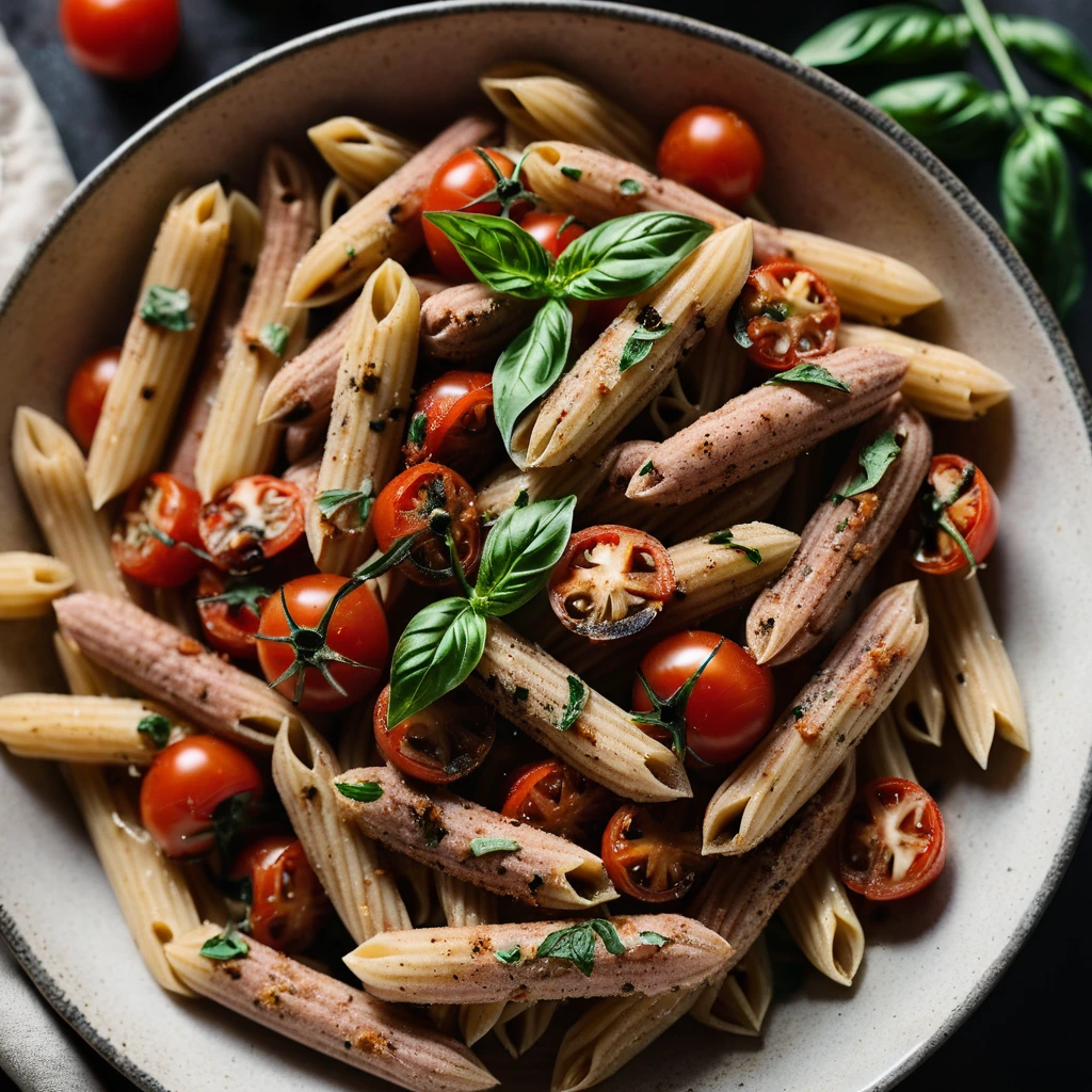 Penne pasta served in a deep bowl with roasted tomatoes and crumbled sausage, drizzled with fresh basil.