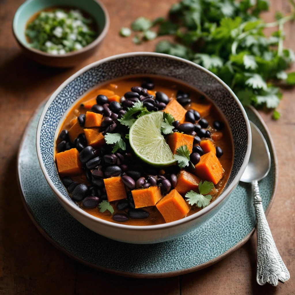A rustic bowl of vibrant orange stew topped with fresh cilantro and a lime wedge.