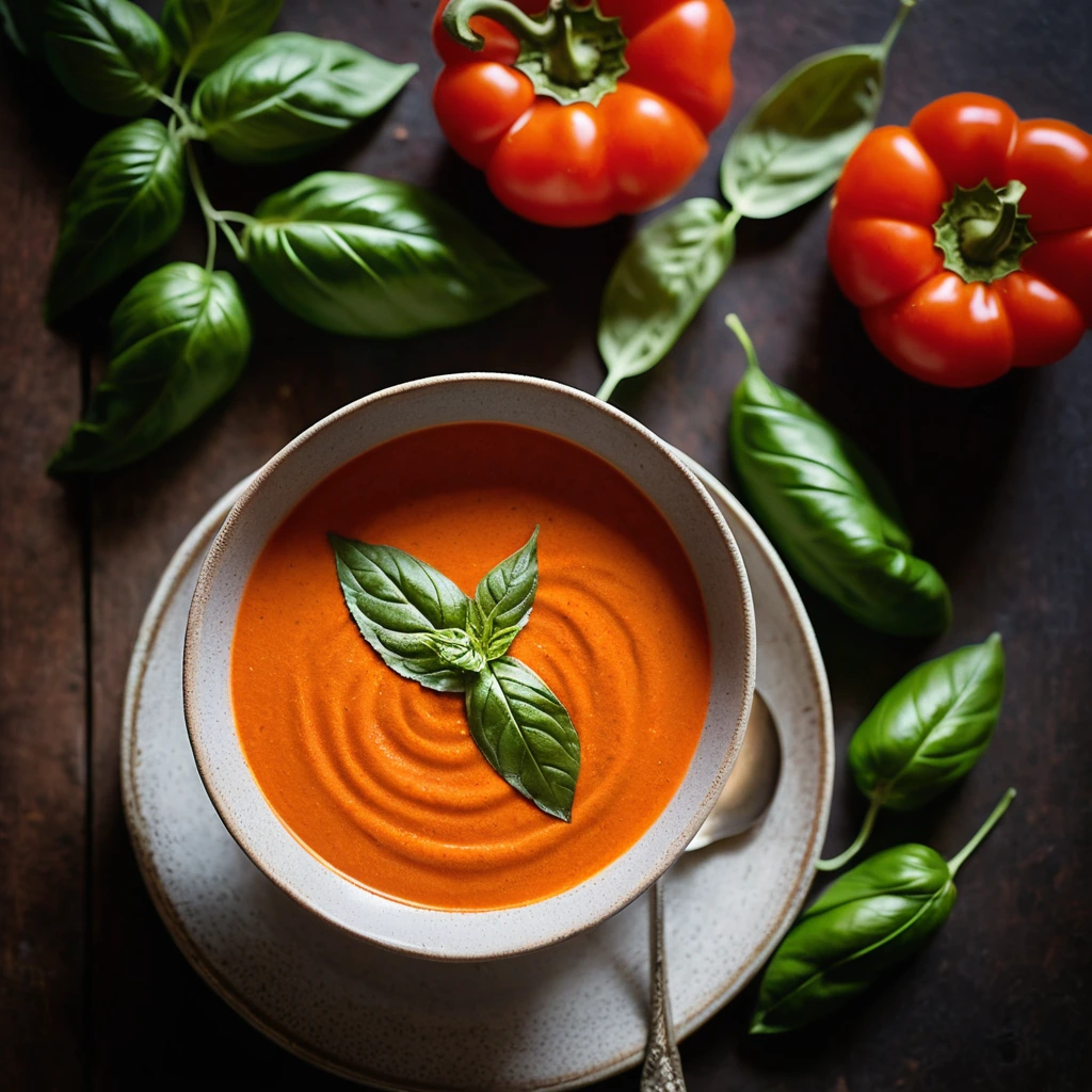 Creamy orange bisque in a rustic bowl, garnished with fresh basil leaves.