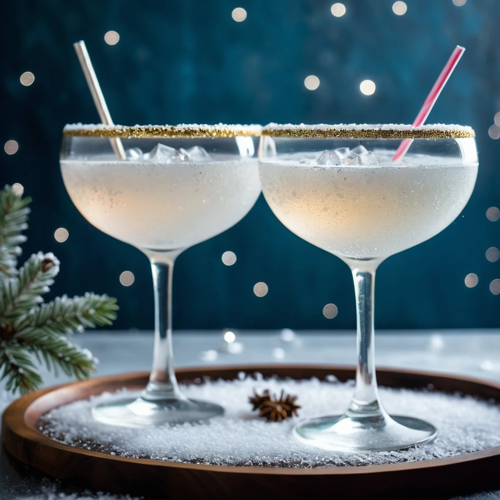 Two clear glasses filled with white, frothy cocktails, garnished with tiny glittery snowflakes.
