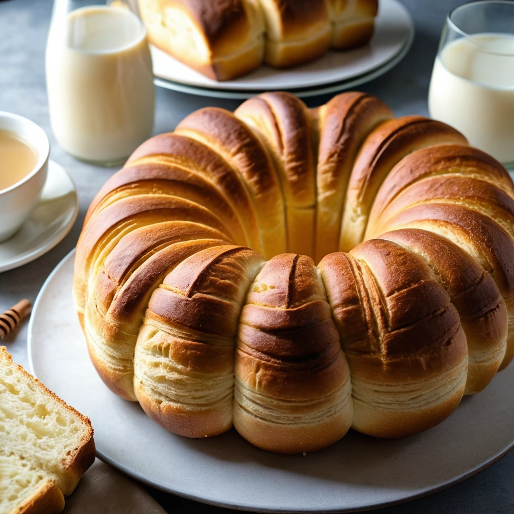 golden brown pull-apart bread cubes in a round loaf with a glossy sheen