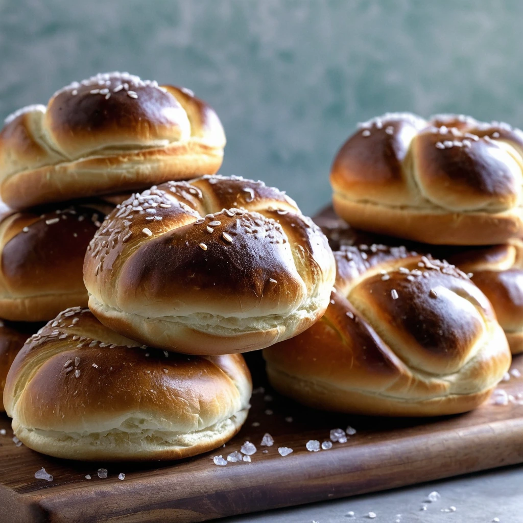 Golden brown pretzel rolls arranged on a wooden board, sprinkled with coarse sea salt.
