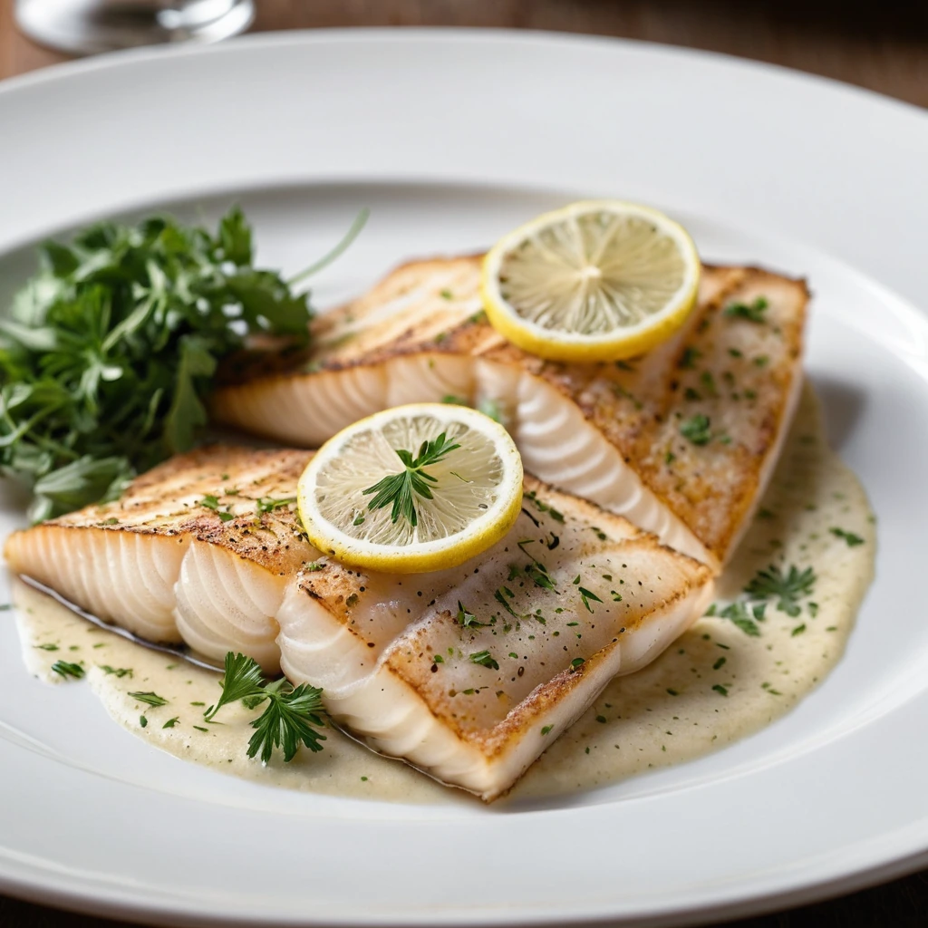 Two fillets of sole on a white plate, golden brown crust, drizzled with lemon and fresh parsley.