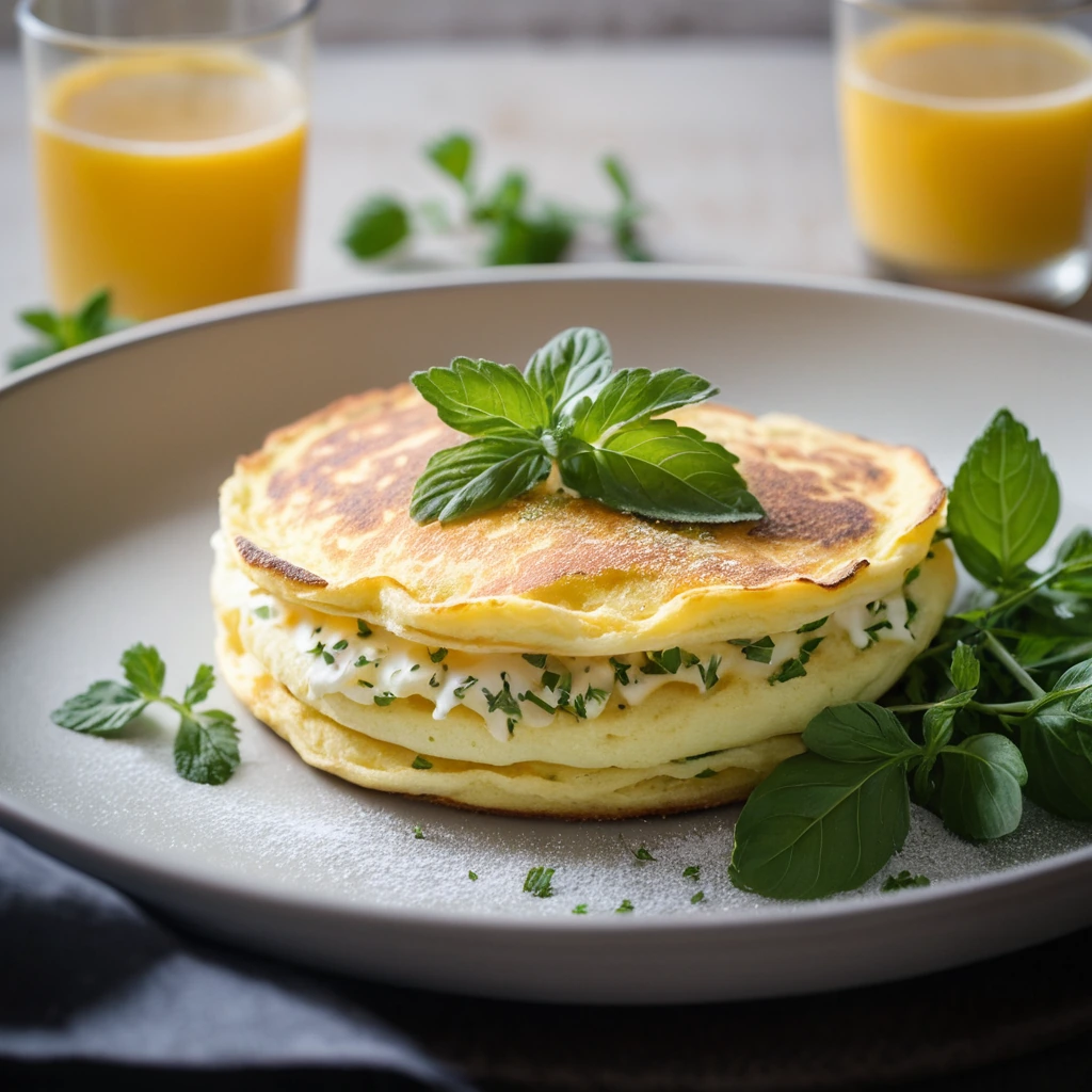 A golden, puffed omelette in a skillet, dusted with melted cheese and fresh herbs on top.