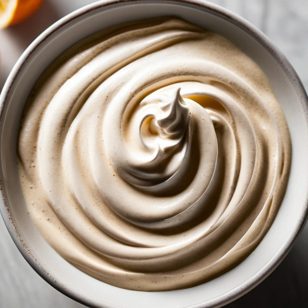 Smooth orange and white sauce swirled in a bowl with a hint of red flecks from chipotle.