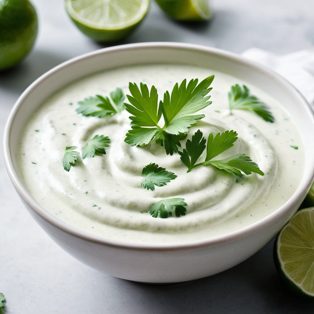 Creamy white sauce in a bowl with vibrant green cilantro leaves and a lime wedge on the side