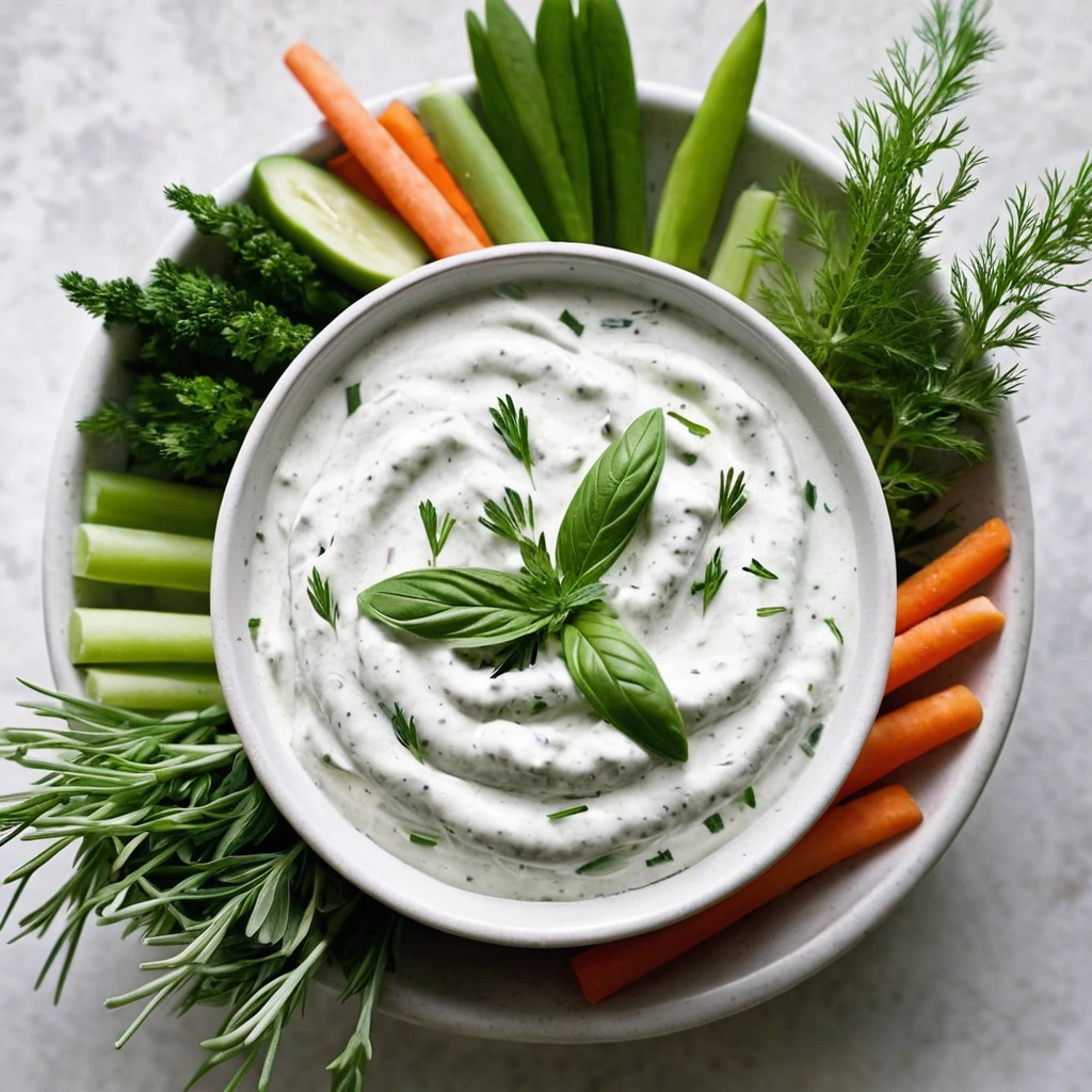 White dip in a shallow bowl with green herbs sprinkled on top, served with colorful vegetable sticks.