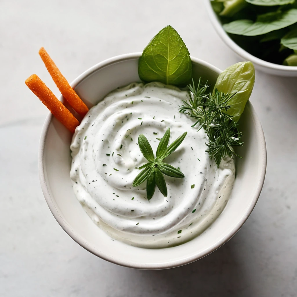 White dip in a bowl with green herbs sprinkled on top, served with veggie sticks.