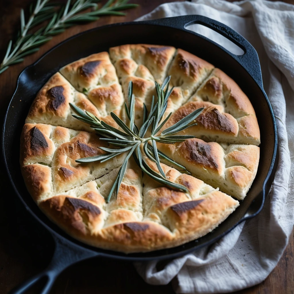 Rustic golden focaccia with dimpled surface and rosemary sprigs in a cast iron skillet