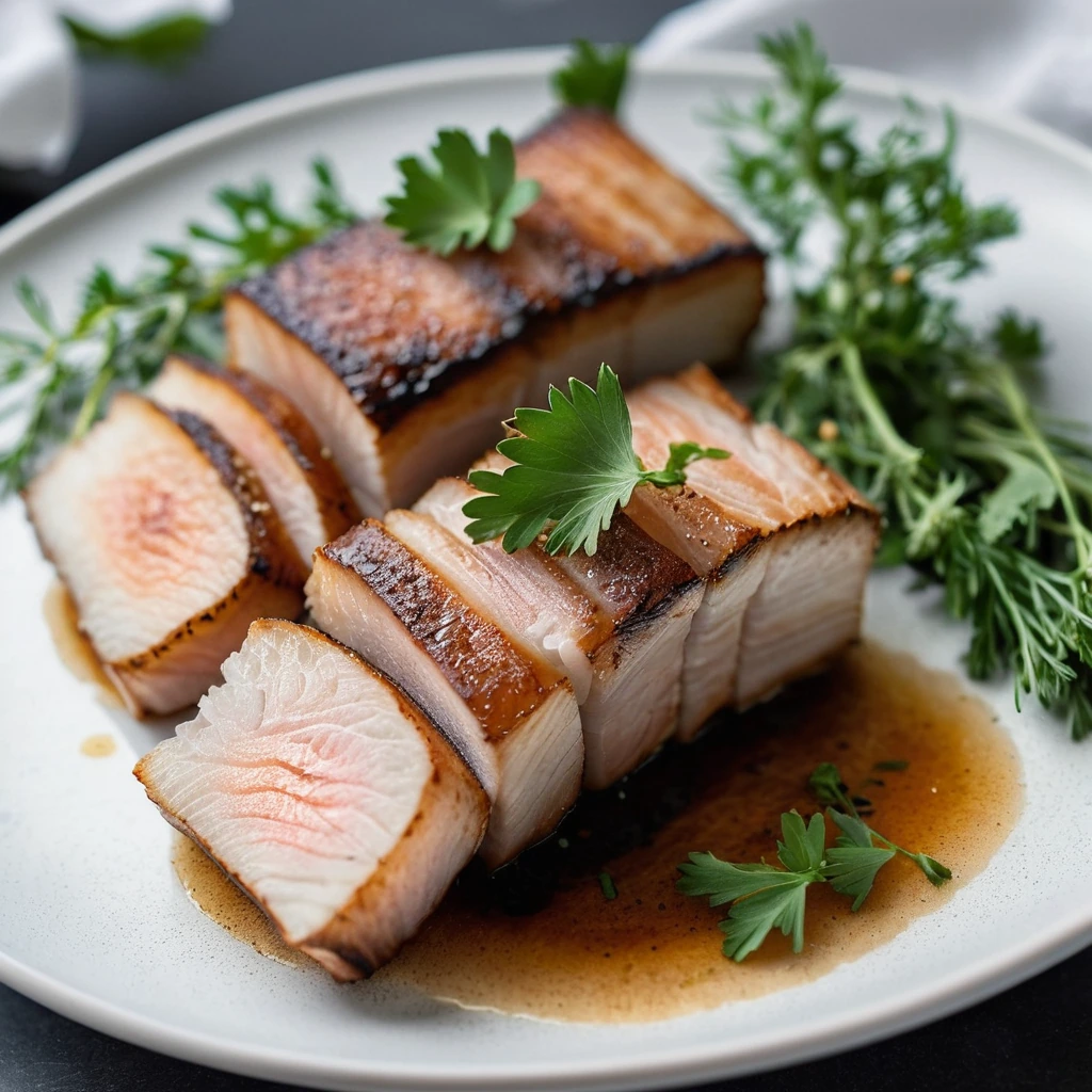 Golden brown pork belly slices on a white plate with a sprinkle of fresh herbs
