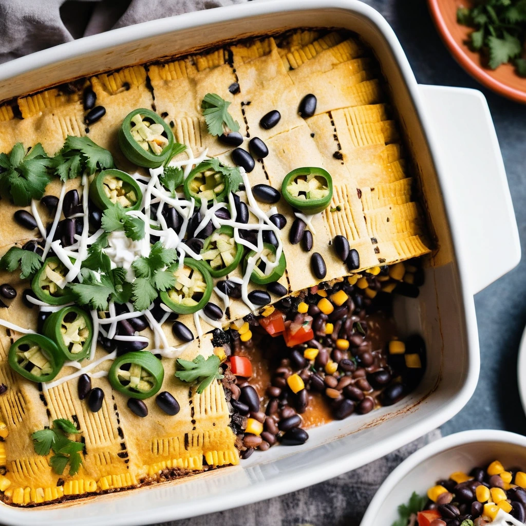 A bubbling casserole dish with layers of corn, black beans, and shredded cheese, topped with diced tomatoes and green onions.