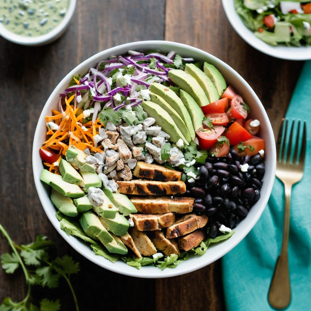 Colorful bowl of chopped salad with grilled chicken, vibrant vegetables, and a drizzle of green cilantro ranch dressing.