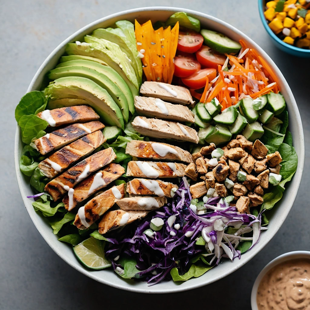 Colorful salad with grilled chicken, vibrant vegetables, and a drizzle of orange sauce in a large bowl.