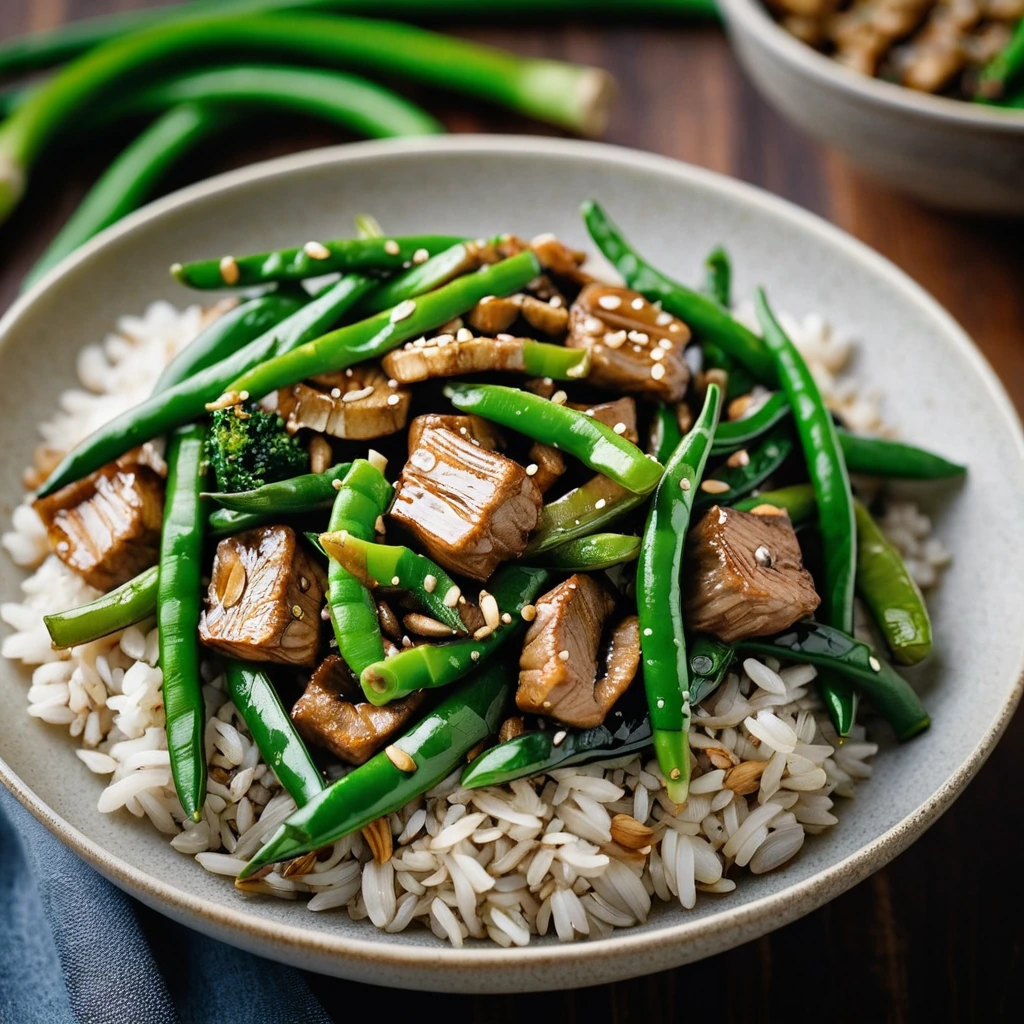 Colorful stir fry in a wok with green beans and pork slices in a glossy sauce, garnished with sesame seeds.
