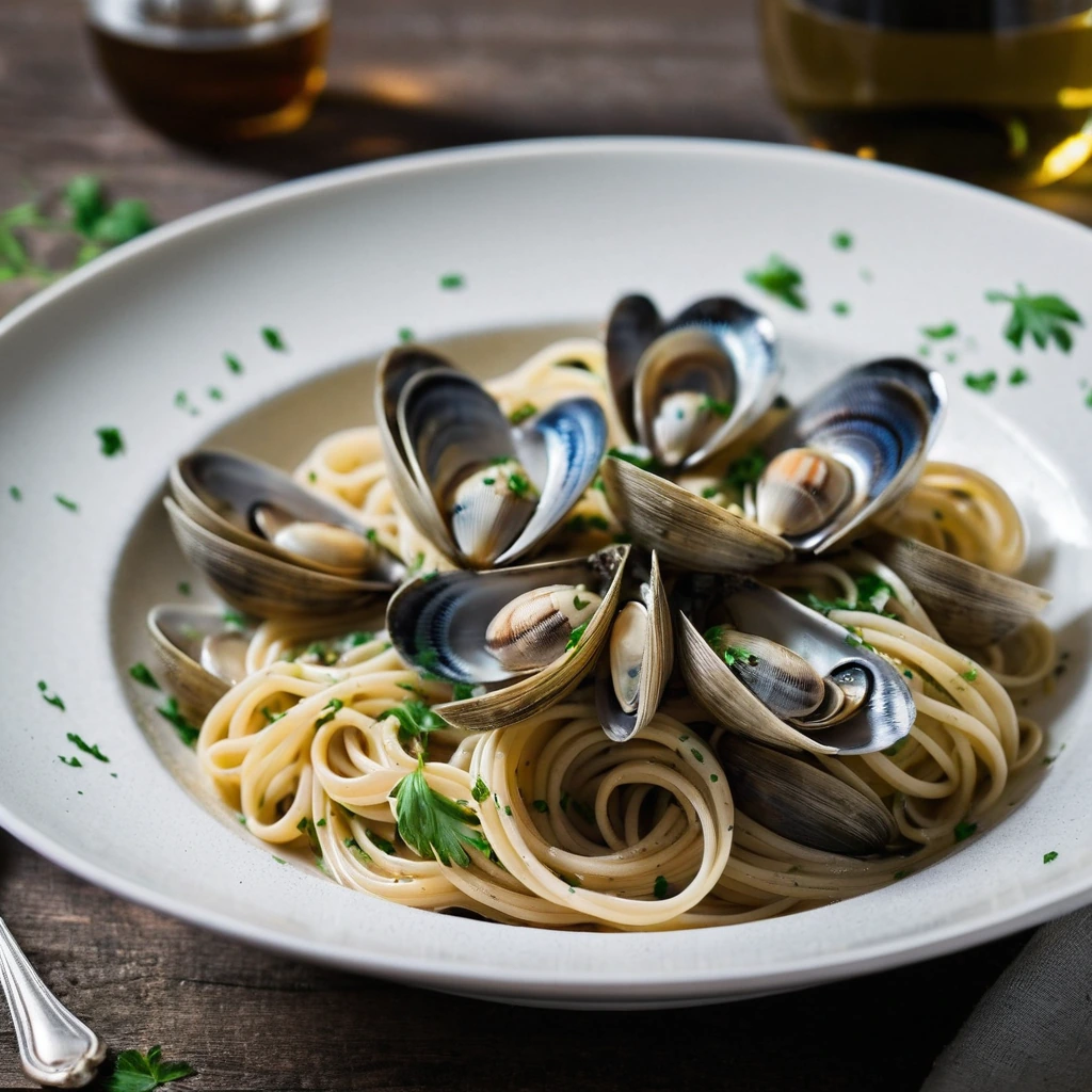 Steaming bowl of spaghetti with clams, white wine sauce, and parsley garnish.