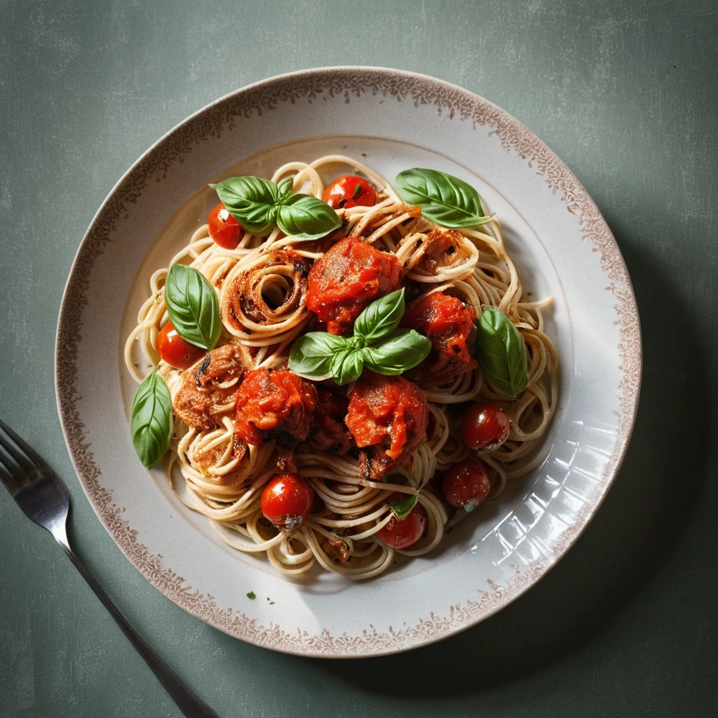 A plate of golden roasted chicken pieces atop a bed of twirled spaghetti, covered in a rich, red tomato sauce with green basil leaves.