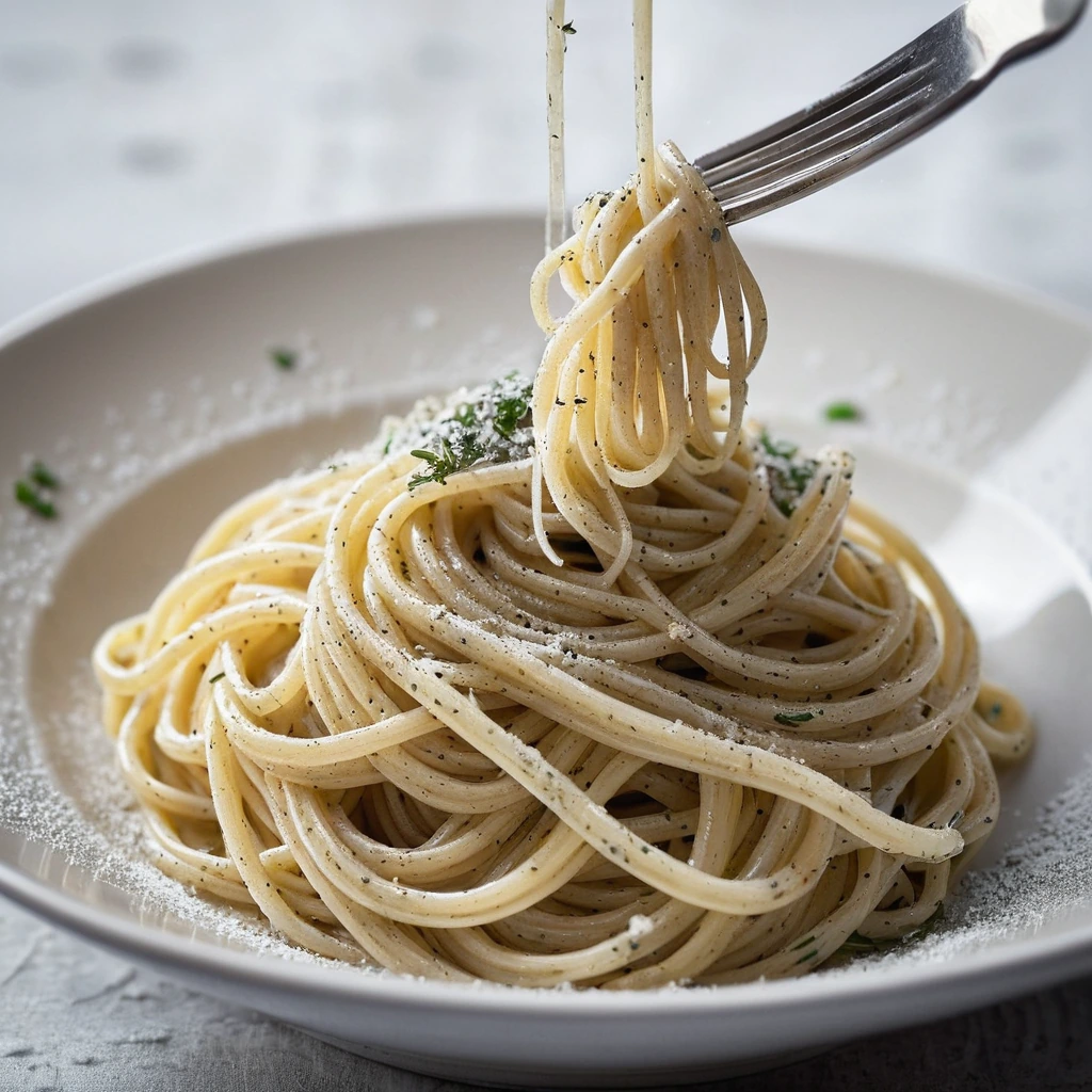 Golden spaghetti twirled on a fork, dusted with black pepper and topped with a silky white sauce in a shallow bowl.