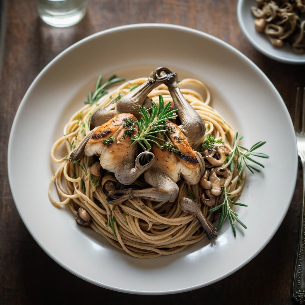 Plate of twirled spaghetti topped with golden mushrooms and shredded roasted chicken, garnished with fresh rosemary sprigs.