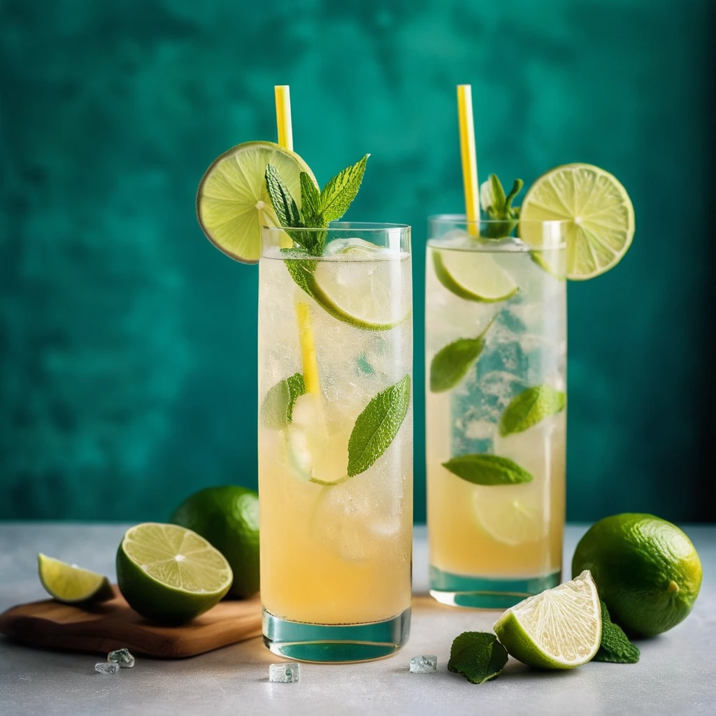 Tall glasses filled with a golden, effervescent drink garnished with lime wedges and mint sprigs.