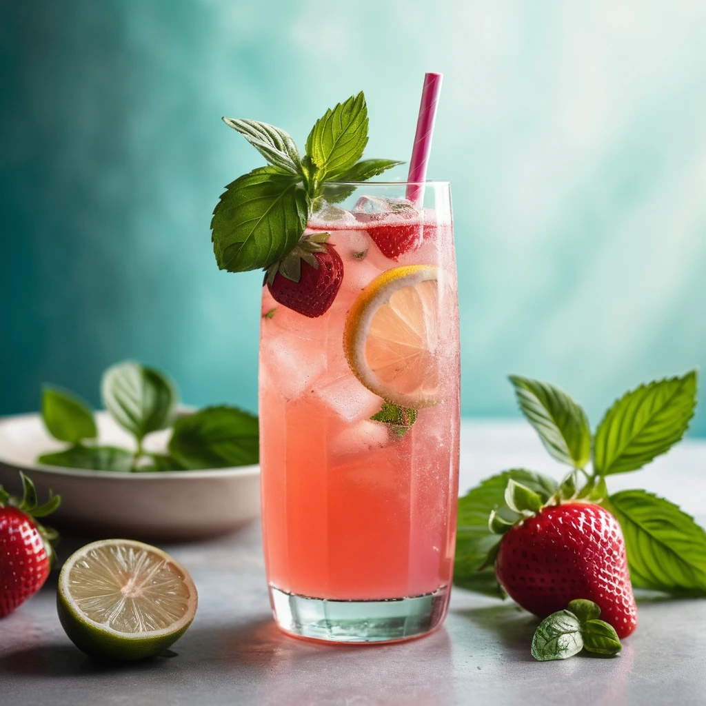 A tall glass of pink lemonade with strawberry slices and basil leaves floating in a bubbly, refreshing drink.