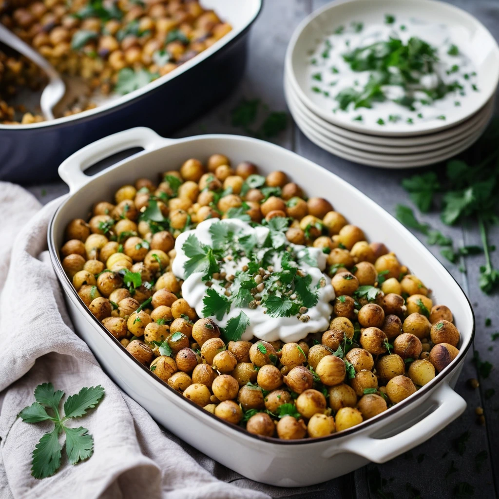 Golden spiced bake in a casserole dish with chickpeas and potatoes topped with white yogurt drizzle and fresh cilantro.