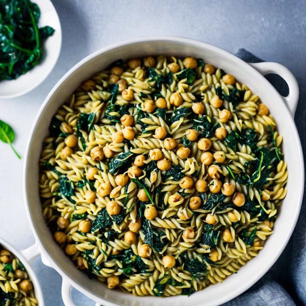 Golden orzo casserole with green spinach and chickpeas in a creamy sauce, sprinkled with cheese.
