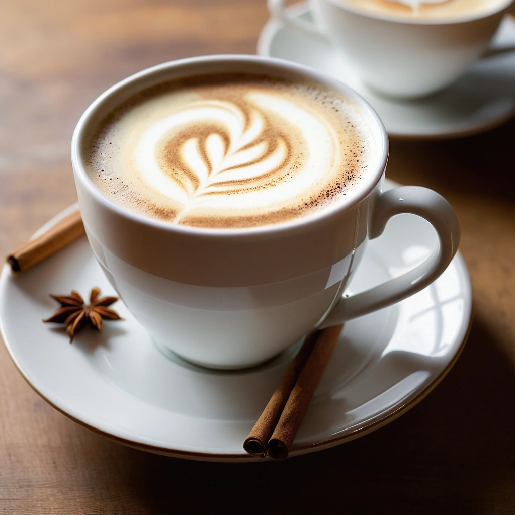 Steamy mug of golden-brown chai latte topped with a swirl of frothy milk and a sprinkle of cinnamon.