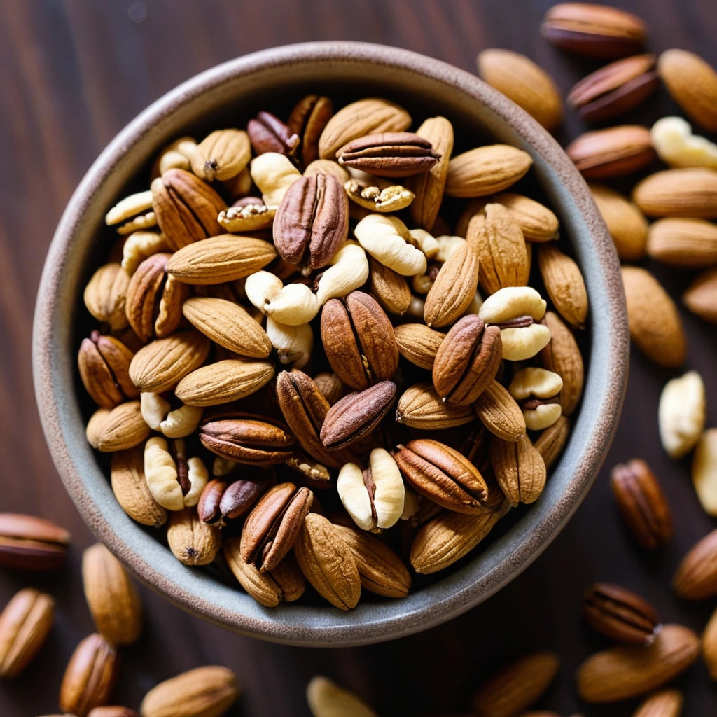 Golden roasted nuts in a rustic bowl, sprinkled with cinnamon and maple glaze.