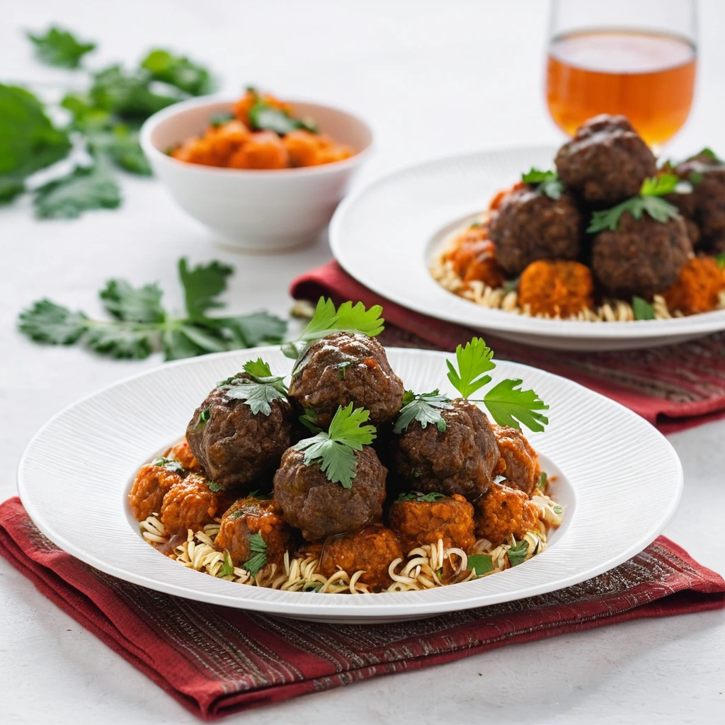 golden brown meatballs in a vibrant red sauce, garnished with fresh cilantro on a white plate
