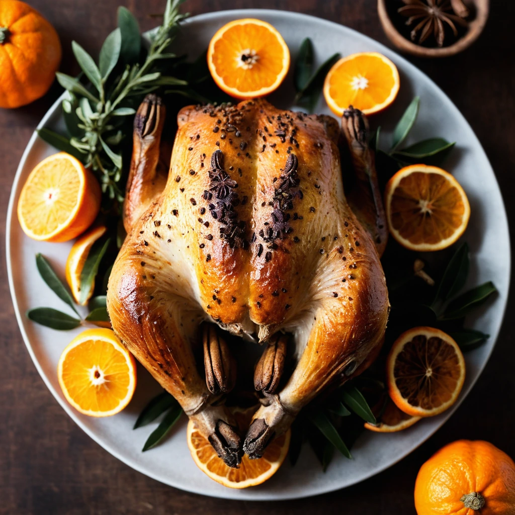 Golden brown roasted chicken on a platter, garnished with orange slices and whole cloves.