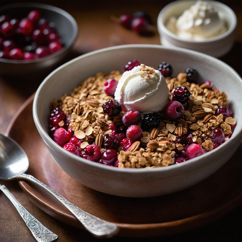 Golden brown crisp in a rustic dish, topped with a sprinkle of cinnamon and a scoop of vanilla ice cream.