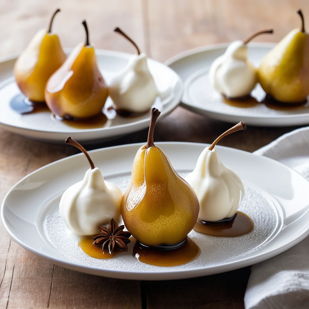Two golden pears nestled in a cinnamon-infused syrup, topped with a swirl of creamy vanilla cream on a white plate.