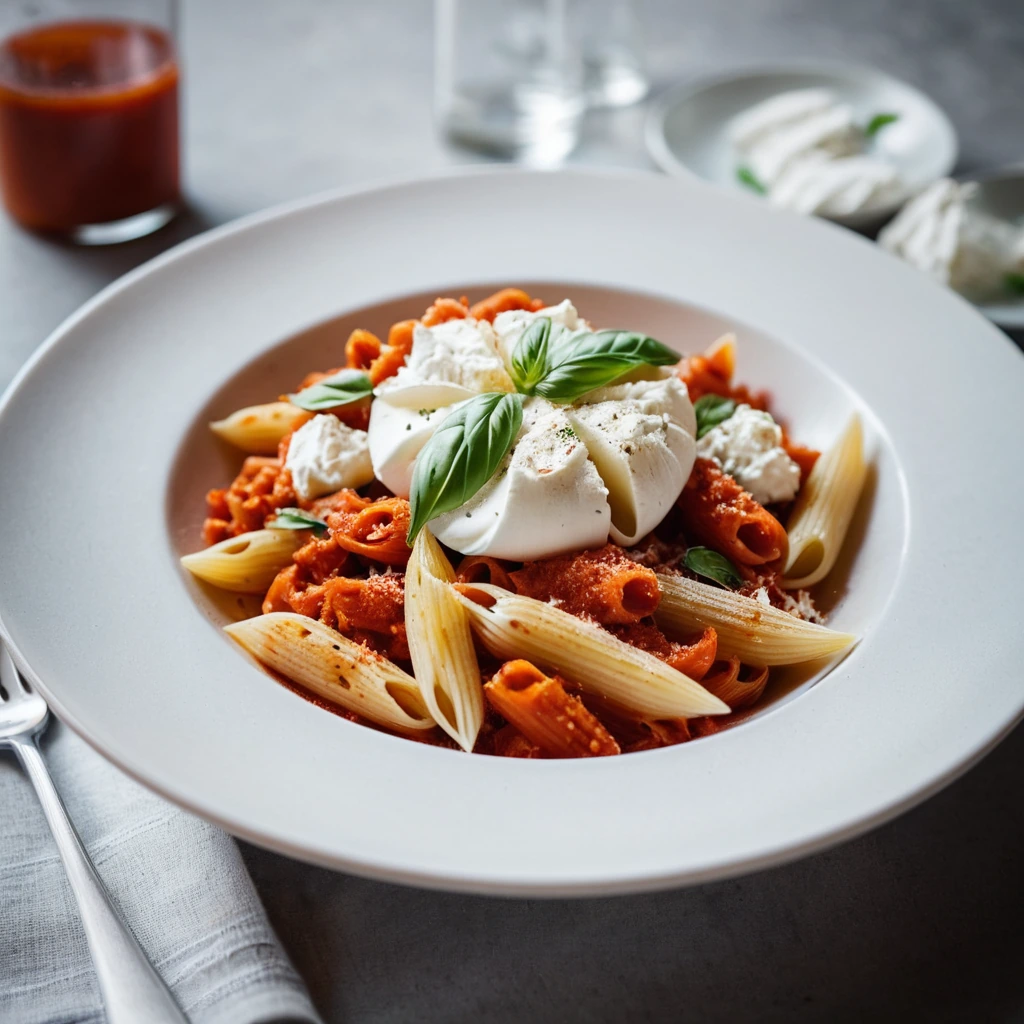 Bowl of penne pasta in vibrant red sauce with a white burrata ball sliced open on top