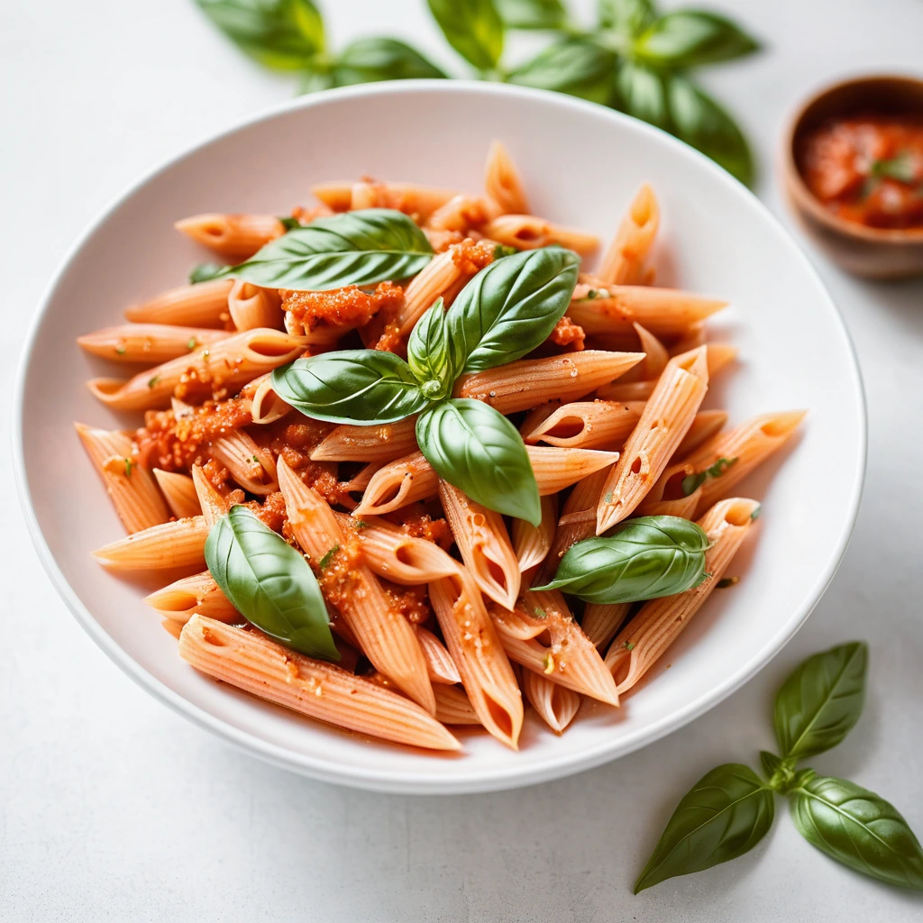Penne pasta in a vibrant red sauce with green basil leaves sprinkled on top, served in a shallow white bowl.