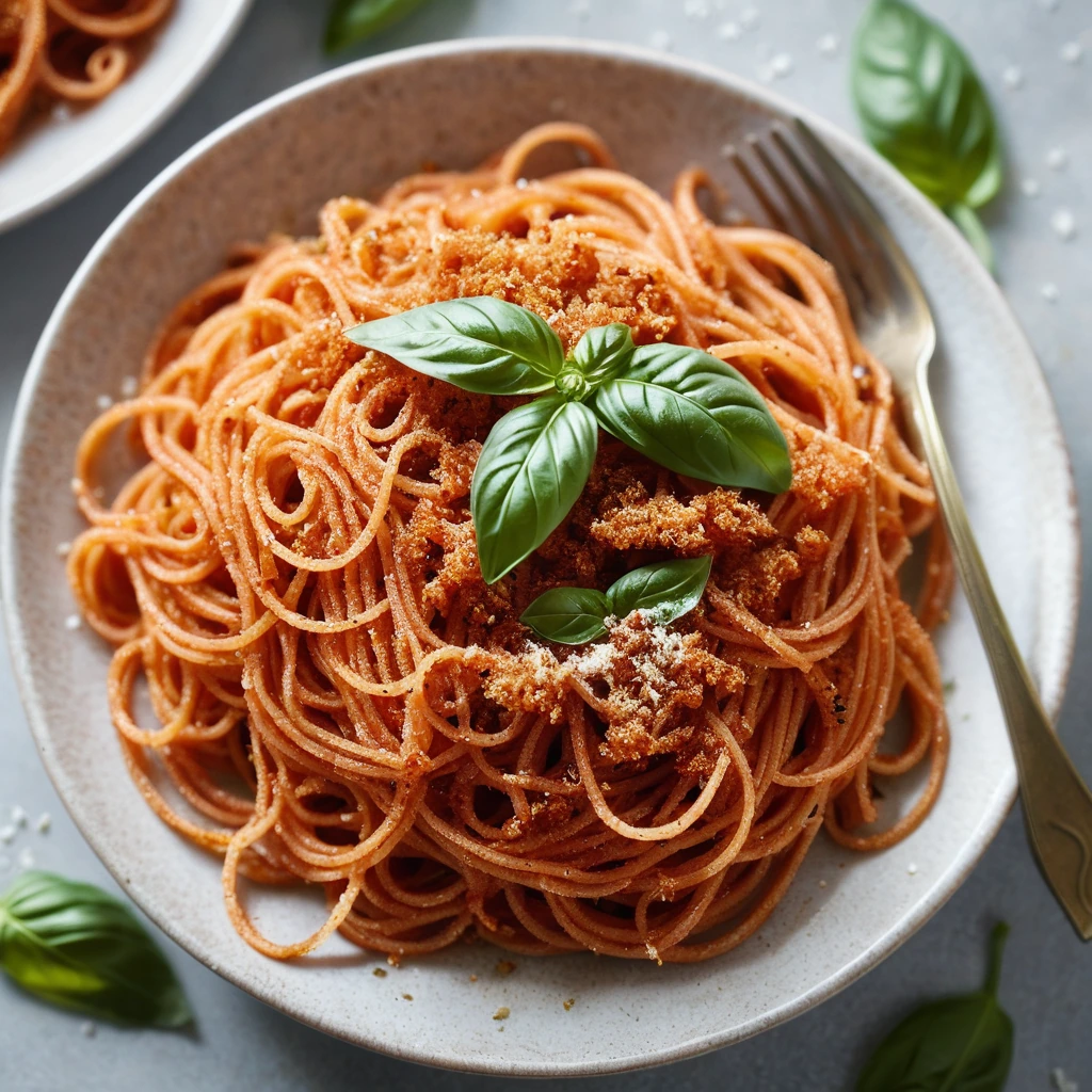 A plate of red spaghetti topped with crispy golden breadcrumbs and fresh basil leaves.