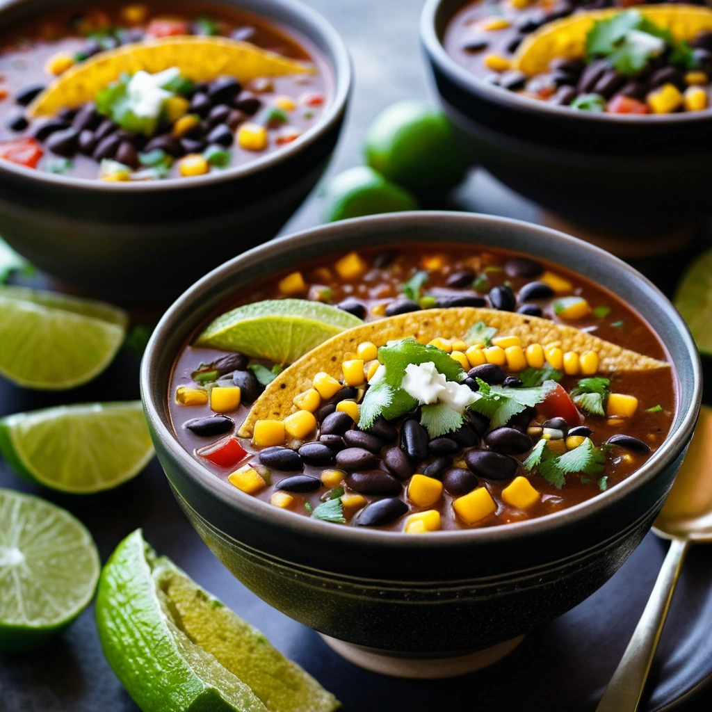 Steamy bowl of orange and black soup with diced tomatoes and green onions on top