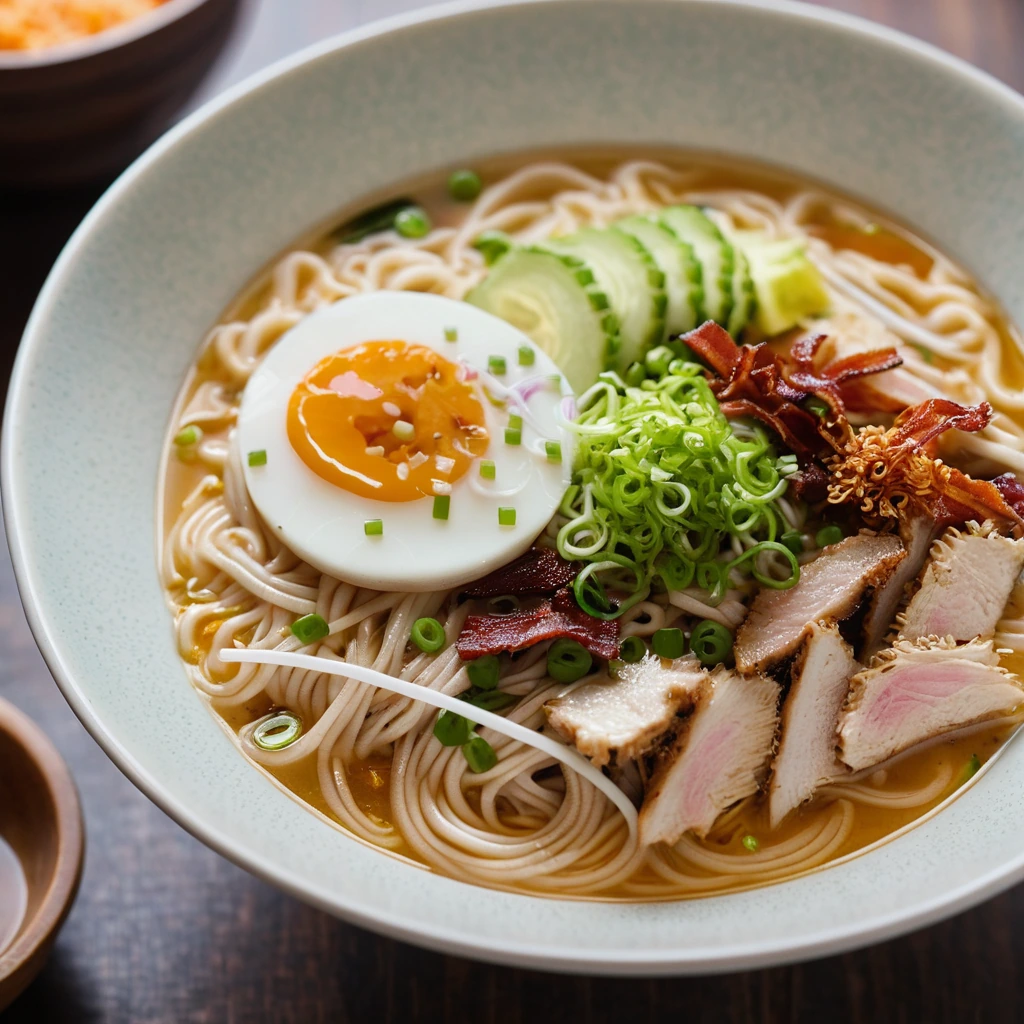 Bowl of ramen with shredded chicken, crispy bacon, and scallions in a spicy orange broth topped with ranch drizzle.