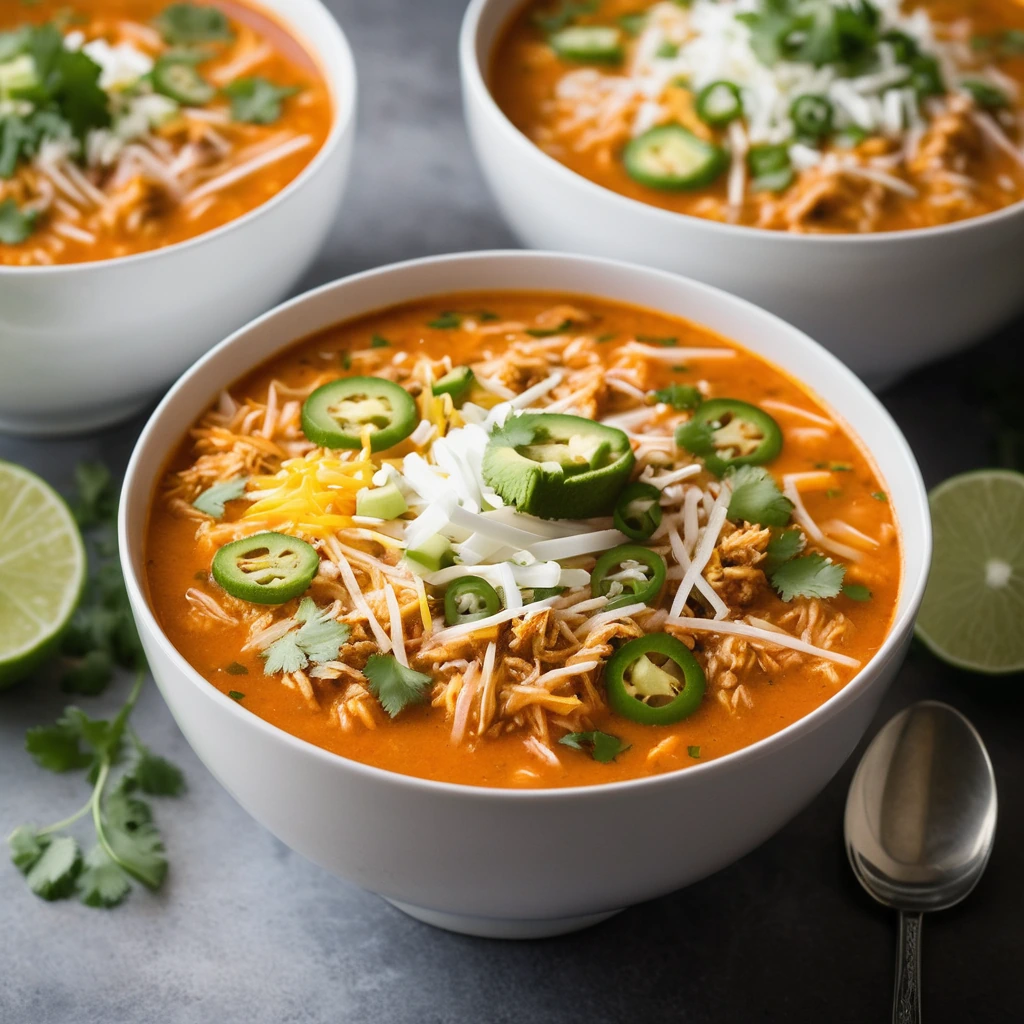 Steamy bowl of orange and red soup with shredded chicken, rice, and cheese on top